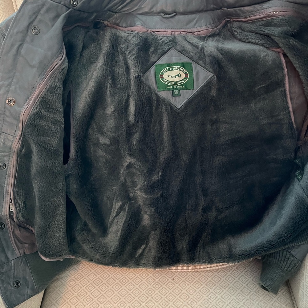 Men’s gray leather bomber jacket